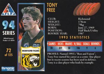 1994 Dynamic AFLPA #72 Tony Free Back